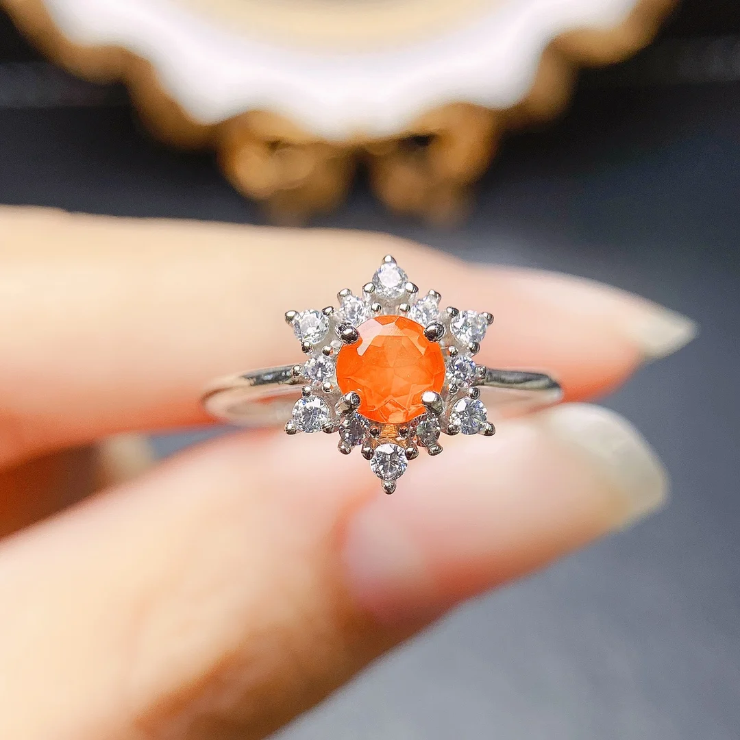 October Birthstone Ring Natural Fire Orange Opal Engagement Band Ring 925 Sterling Silver Jewelry Opal Snowflake Ring