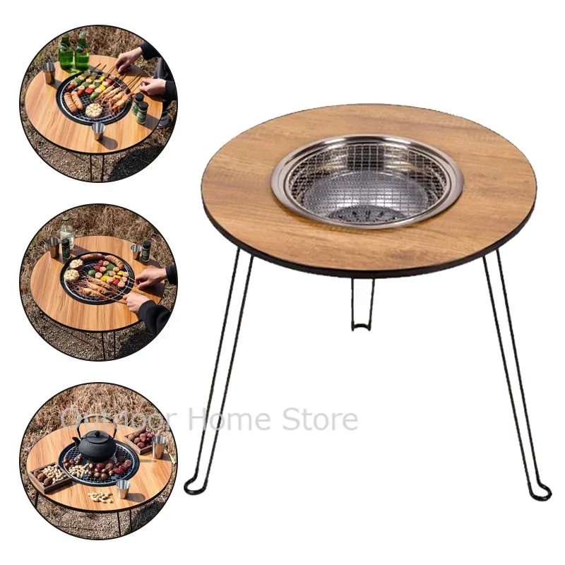 Mesa plegable para acampar, parrilla redonda para barbacoa al aire libre, soporte ligero portátil para parrilla de brasero, parrilla de carbón para