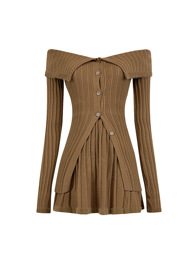 Women\'s Beige Skirt Sets Suit Vintage Long Sleeve Sweater and A-Line Skirts Y2k 90s Korean Elegant Two Piece Suit 2000s Clothes