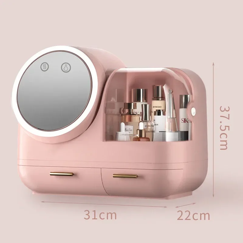 Hot Sale Dust proof Portable Cosmetic Jewelry Storage Box With Led Mirror Makeup Organizer With Drawers With Cool Wind