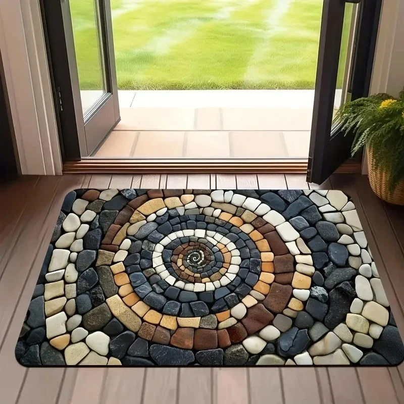 Pebble and Seashell Mandala Graphic Entrance Mat Coastal Seaside Pattern Decor Rug Natural Ocean Style Home Accessory