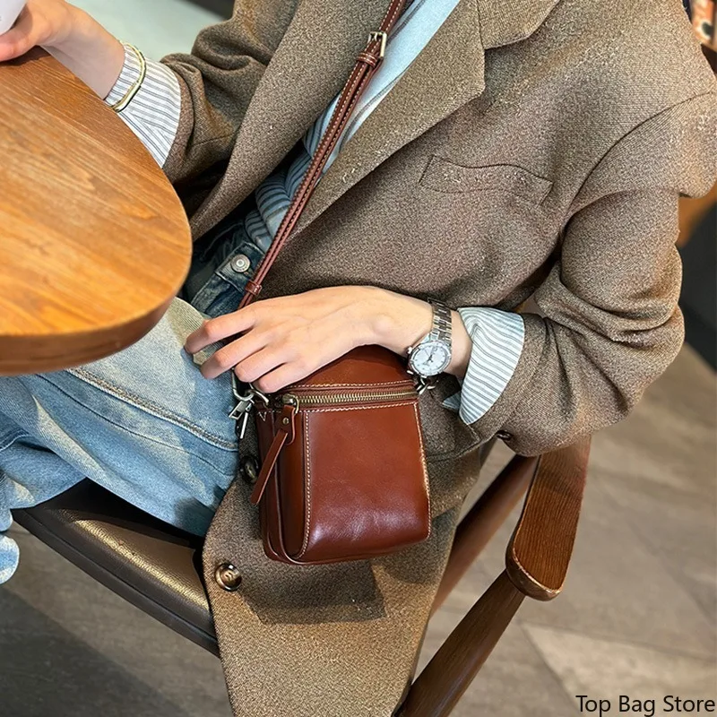 Sophisticated Vintage Mini Phone Crossbody Bag for Women Genuine Leather Elegant Everyday Vertical Adjustable Strap
