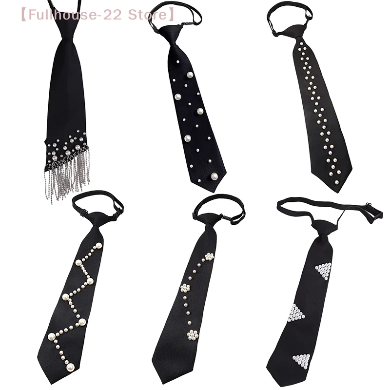 【MAX-22】1Pcs Korean Style Pearls Tie Tassels Black Beaded Long Necktie Academic Style Geometric Decoration Shirt Tie For Women
