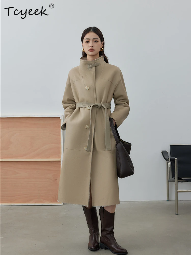 Tcyeek Prawdziwa Wełna Jesień Zima Elegancki Modny Dwustronny Jednolity Kolor Długi Damski Wełniany Płaszcz z Kożucha Futro Fourrures Femme