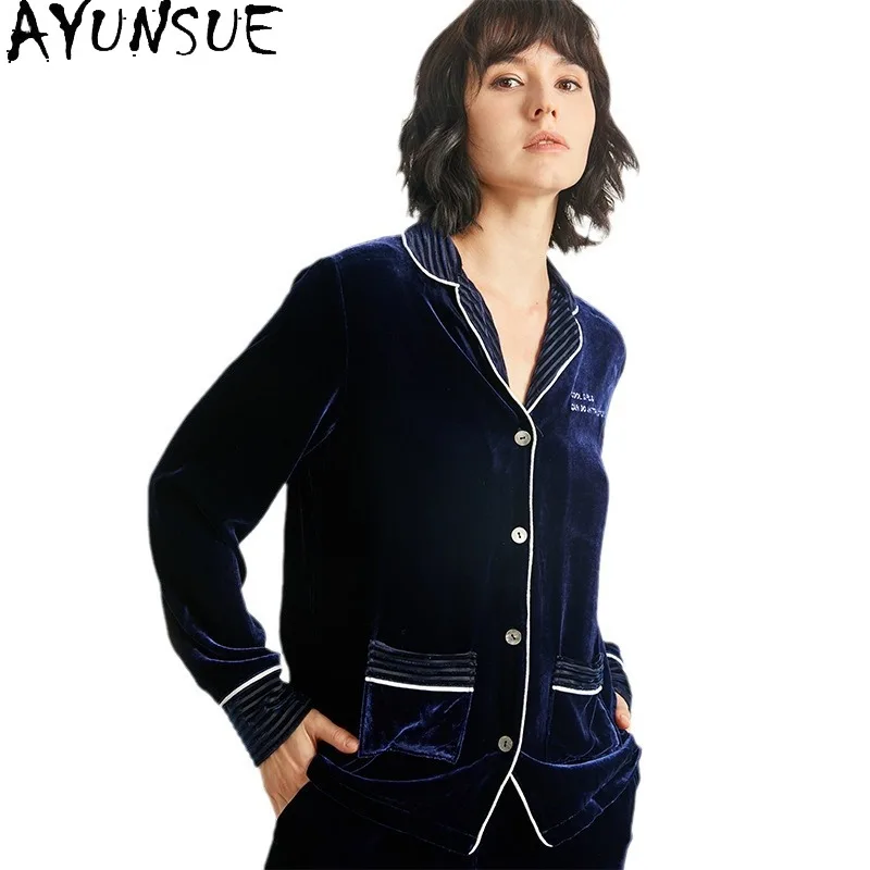 

AYUNSUE 19MM 100% Mulberry Silk Pajama Set Silk Velvet Elegant Sleepwear Autumn Winter Women's Home Clothes Sets Womens Outfits