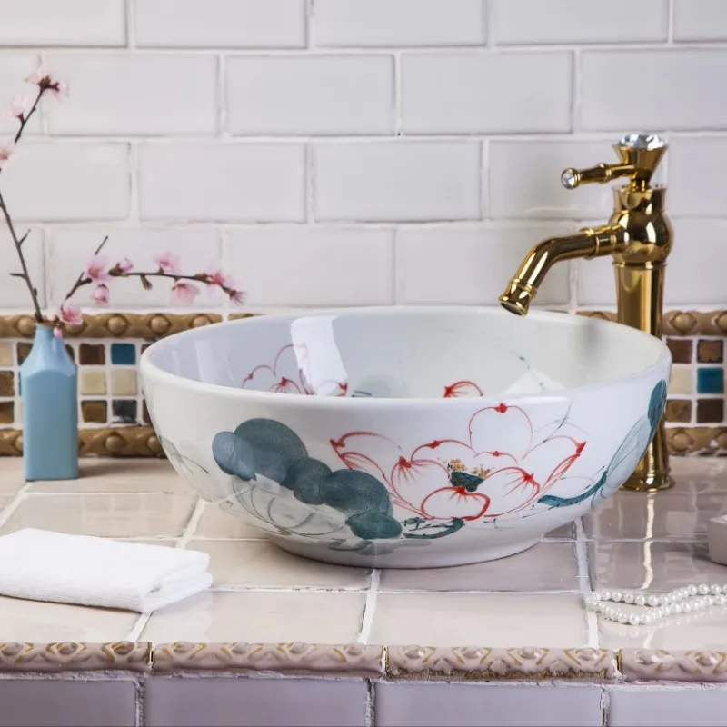 Lotus design hand-painted ceramic bathroom sink traditional ceramic wash basin countertop washstand single hole