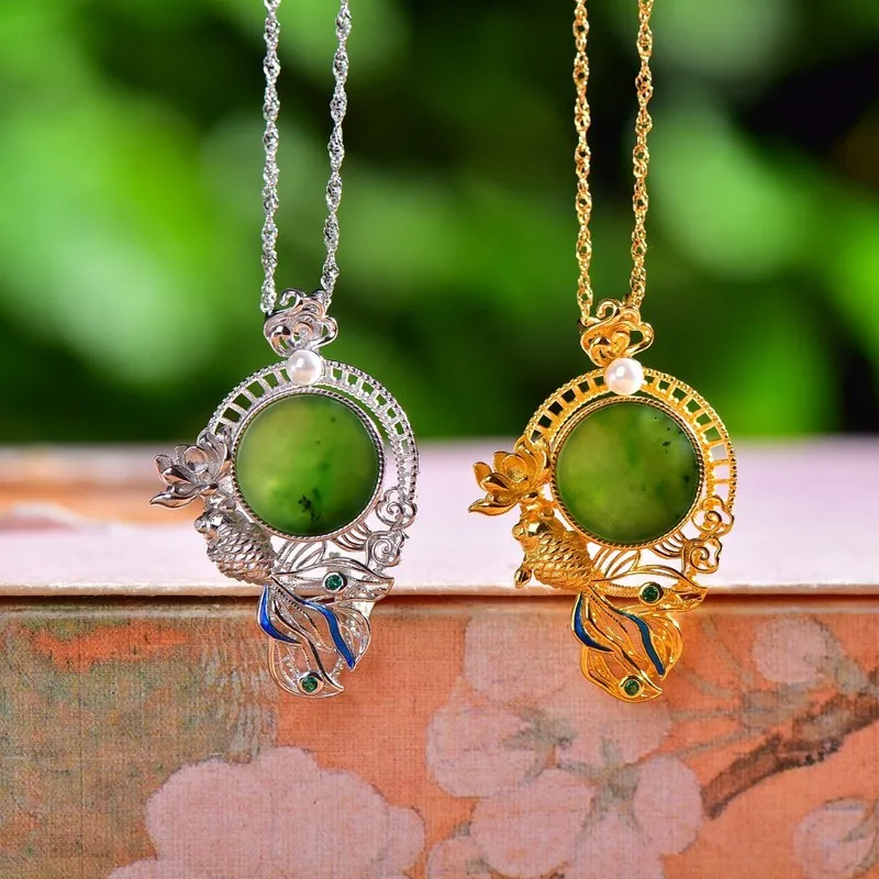 S925 Silver Inlaid With Hetian Jade And Green Jade, Round Flat Enamel Pendant With Fish Motif And Multi-Treasure Design