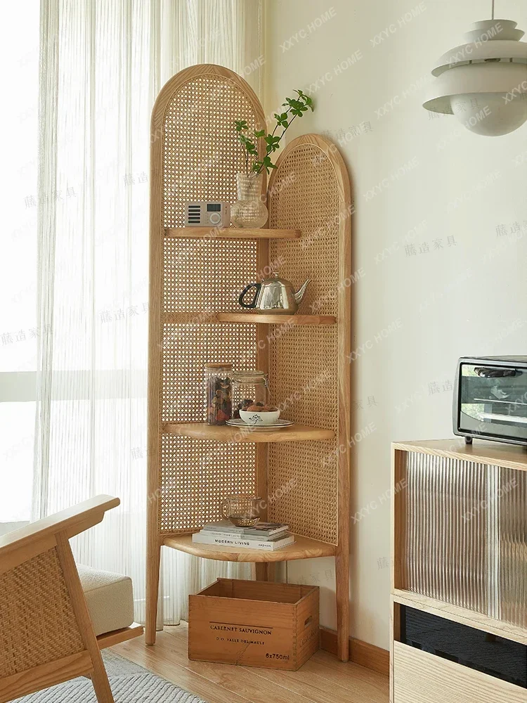 Solid wood rattan weaving shelves, corner bookshelf walls, corner terraces, living rooms, bedrooms, triangle storage