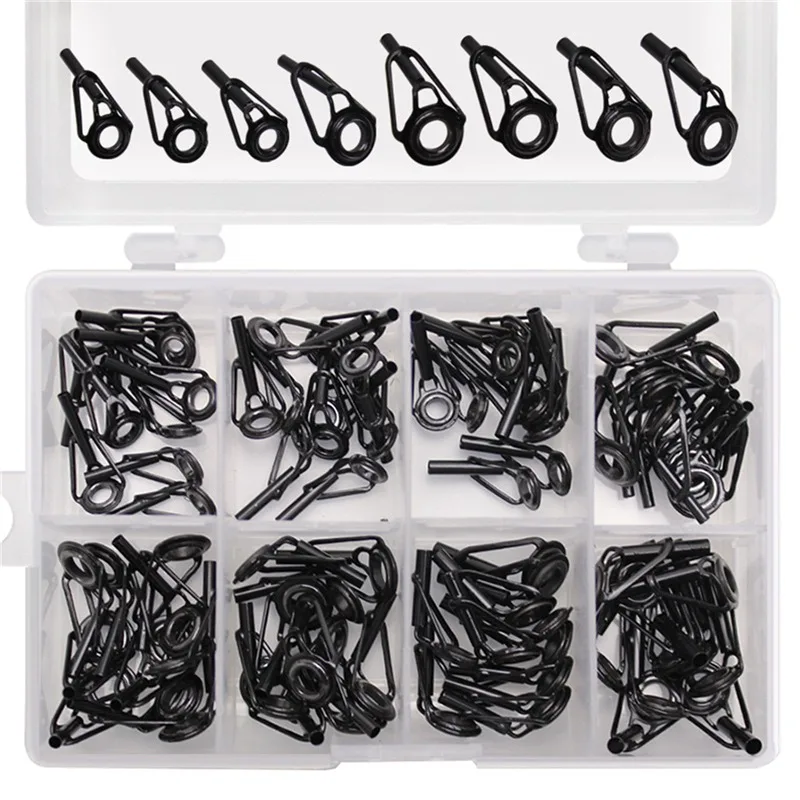8/16/80Pcs Black Top Tip Guide Stainless Steel Frame For Spinning Casting Fishing Rod Building Repair Eye Line Ring