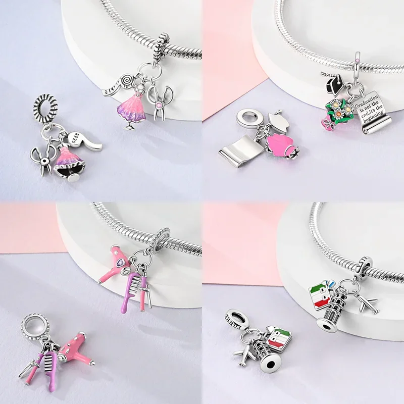 Silver 925 Pink Heart Graduation Flower Charms Leisure Hobby Bead Fit Original Bracelet Life Jewelry for Women Diy Fine Gift