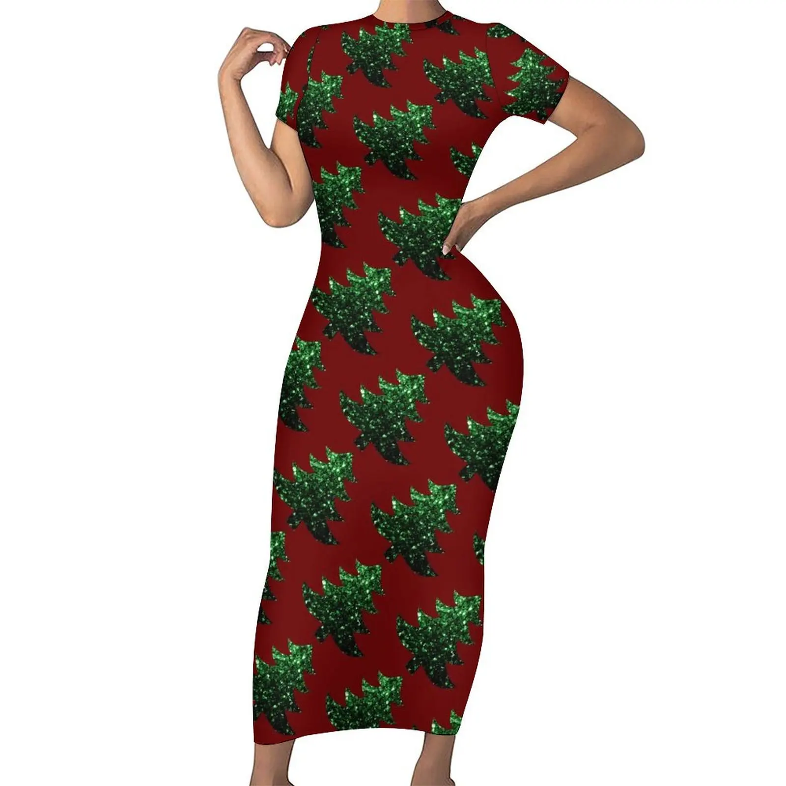 

Sparkly Christmas Tree Dress Women Retro Print Aesthetic Bodycon Dress Spring Short Sleeve Maxi Dresses Design Oversize Clothing