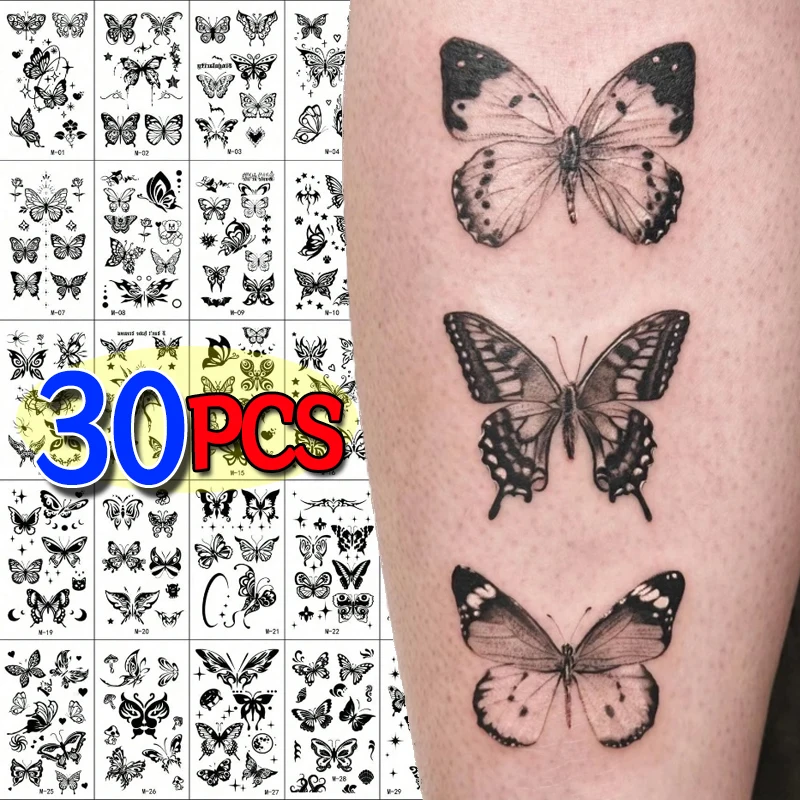 Waterproof Black Butterfly Temporary Tattoos for Women Dark Style Pattern Tattoo Stickers Suitable for Arm Body Art Fake Tattoo