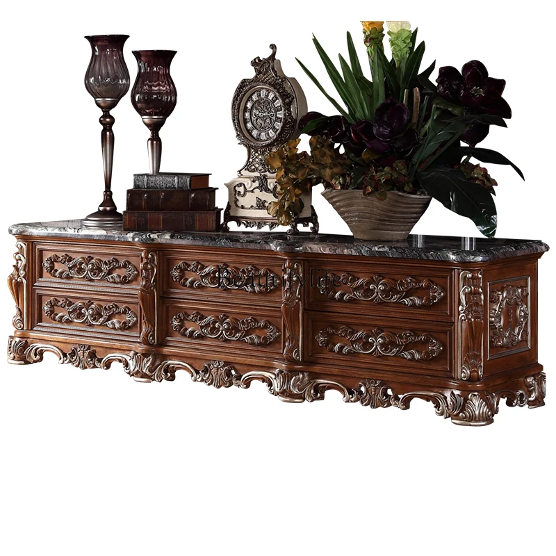 

European marble TV cabinet luxury American retro solid wood audio-visual cabinet furniture