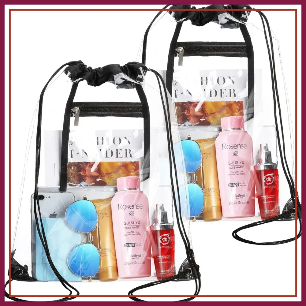 

2 PACK Clear Drawstring Bag Stadium Approved, See Through PVC Drawstring Bags, Transparent Backpack with Inner Zipper Pocket