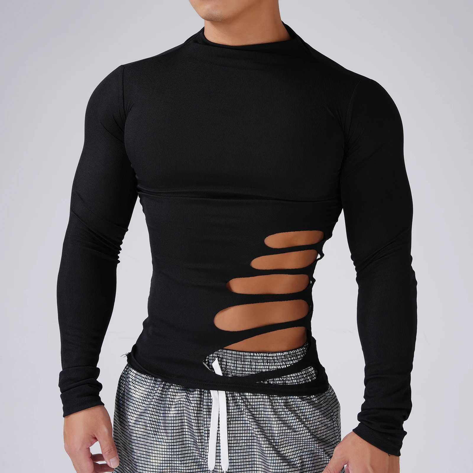 

Men's Sports T Shirt Side Hollow Out Exercise Fitness Long Sleeve Slim Clothes Tops Black Tees Men's Muscle Skinny T-shirt