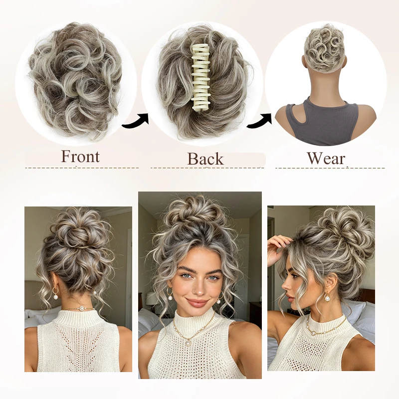 Klauenclip-Haarteil für unordentlichen Dutt, synthetische lockige Haarverlängerung für Damen mit Klauenclip, voluminöses Haar-Accessoire – Detail 5