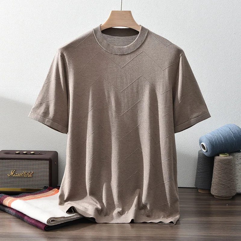 

Мужская футболка из 85% шелка и 15% кашемира, повседневная однотонная трикотажная футболка с короткими рукавами и круглым вырезом, базовые топы