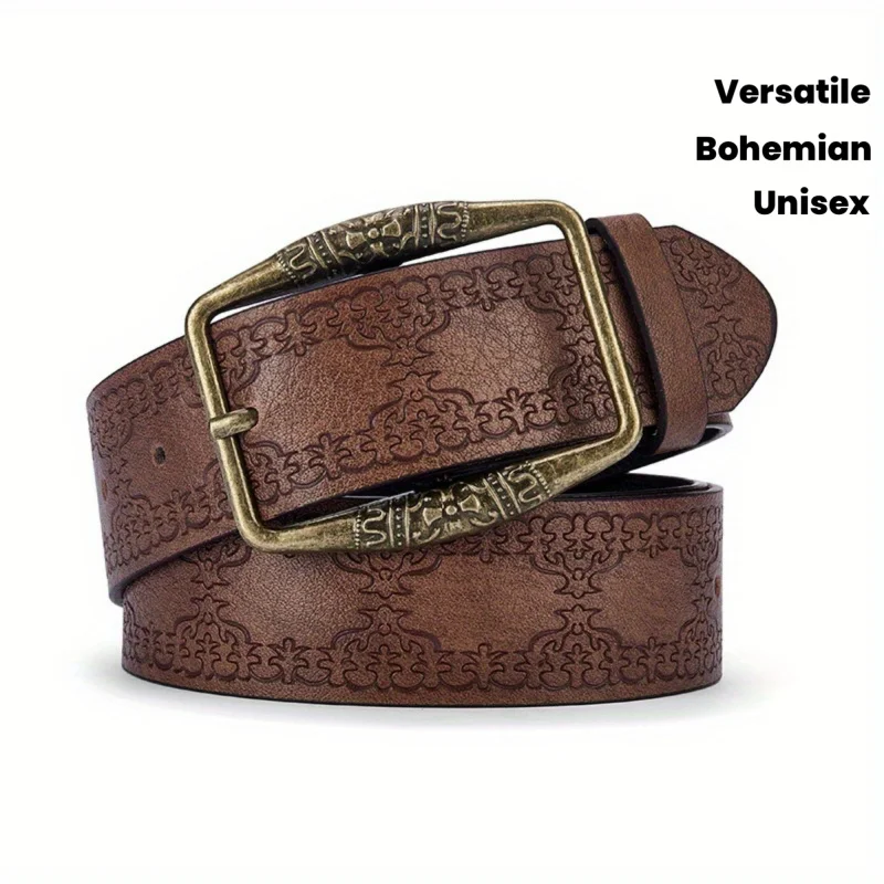 1 Vintage Ethnic Style Women's Handmade Embossed PU Leather Belt, Summer Versatile High-End Universal Waist Belt, Bohemian Style