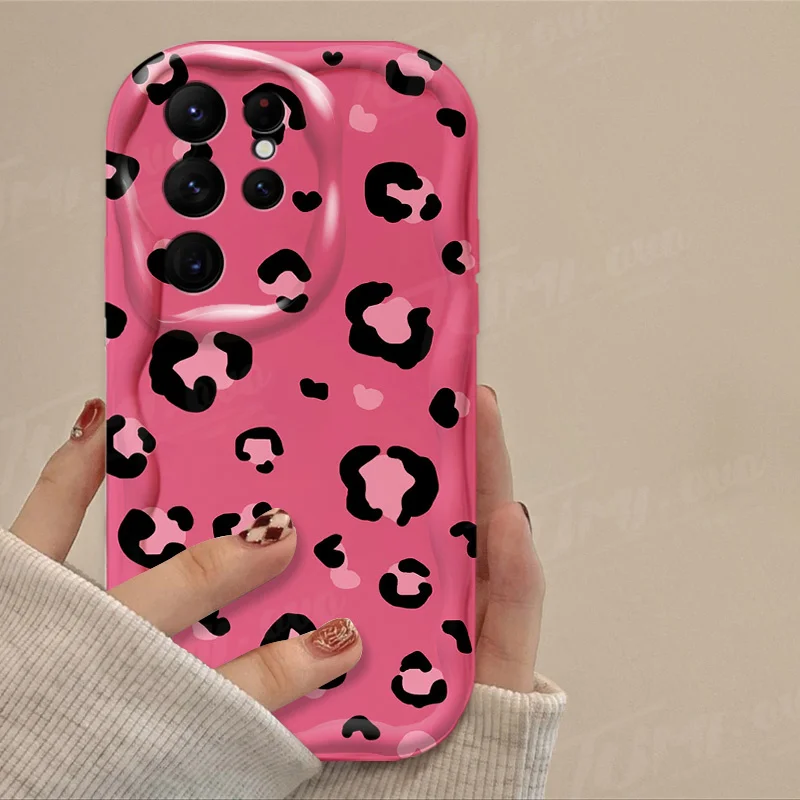 Love Heart Leopard Print Wave Case For Samsung Galaxy S24 Ultra S23 S22 Plus S21 S20 FE A25 A55 A35 A15 A05 A05S Silicone Cover