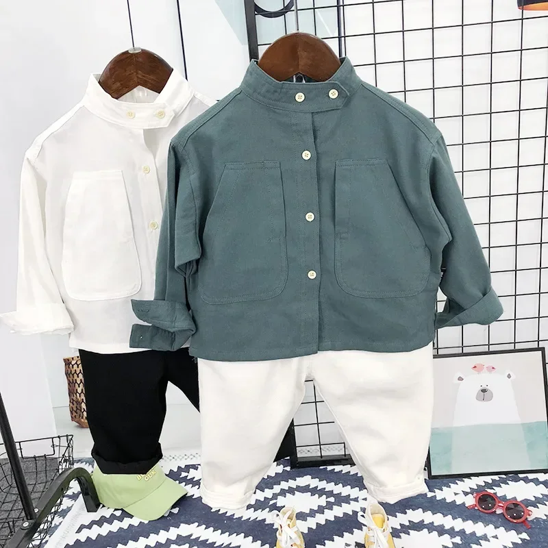 

1-9Y Boys' long-sleeved shirt set spring children's solid color shirt boy Korean version of Yangqi College shirt tide 90-140CM