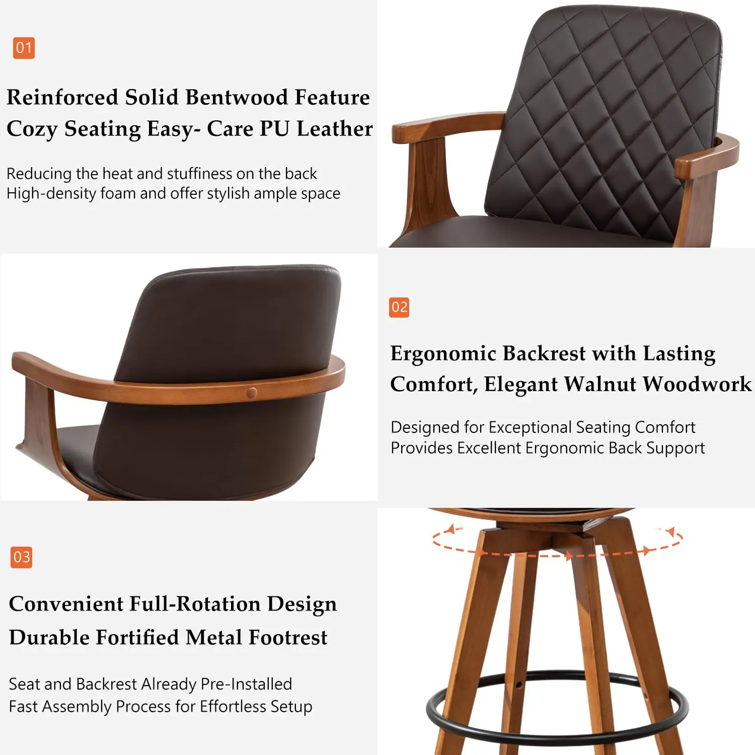 Swivel Bar Stools Set Of 3 - 29.1 Inch Mid Century Bar Stools With Walnut Craftsmanship, Curved Back And Arms,, Customized