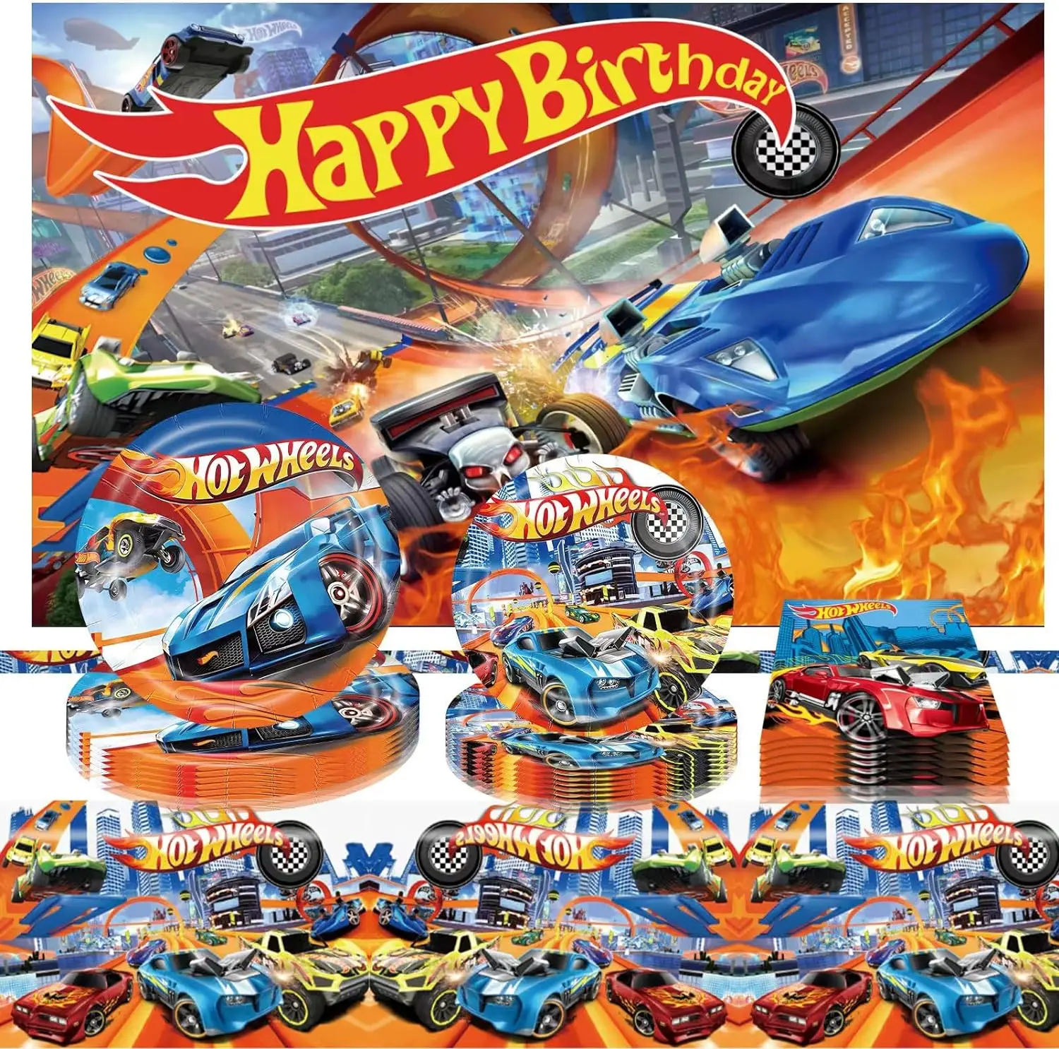 104pcs Hot Wheels Party Decorations Racing Car Balloons Disposable Tableware Background Tablecloth Plate Cup Baby Shower Kids ﻿