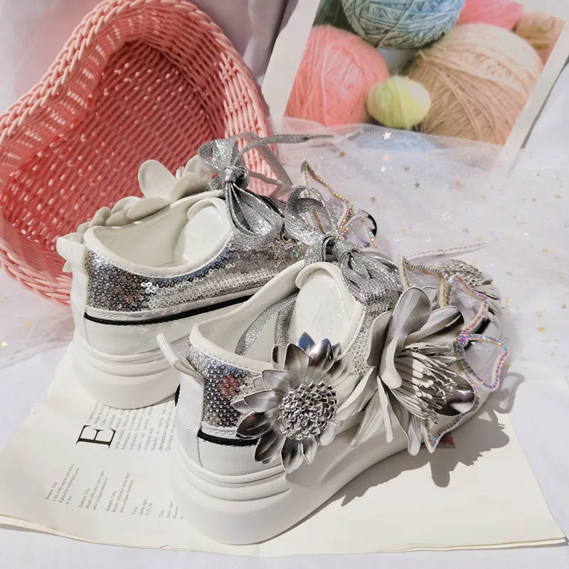 Silver Sneakers News Style Sequined Women Shoes Fashion Rhinestone Flower Lace Crystals Butterfly Casual Heavy Bottom Cute Shoes