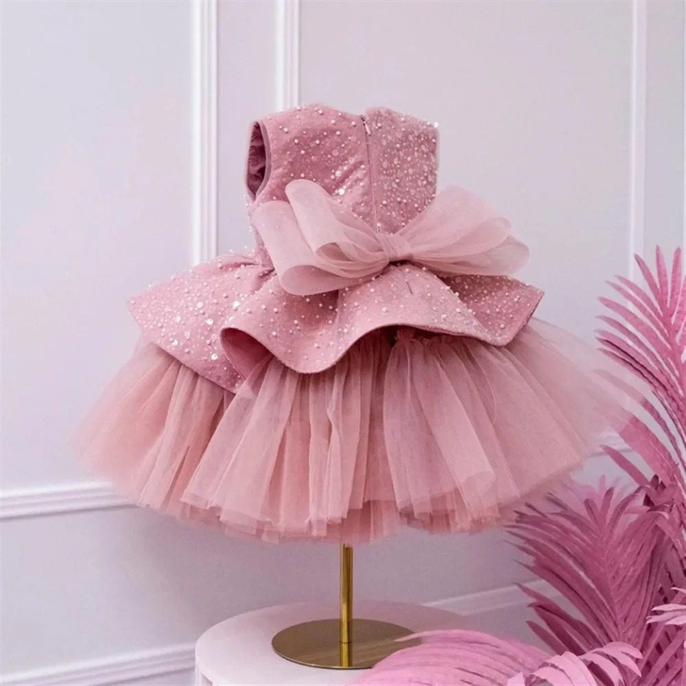 Luxury Sequins Flower Girl Wedding Dress Sleeveless with Bow Layered Baby Birthday Banquet Performance Princess Dress Customized