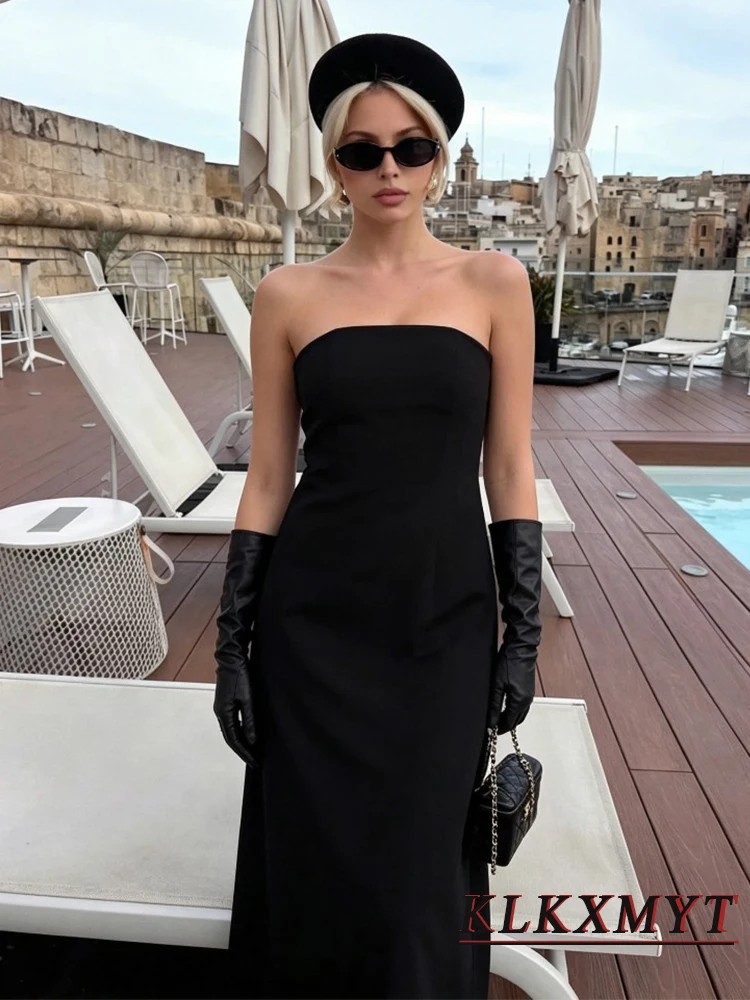 Women Fashion Sexy Solid Strapless Dress Dresses Black Slim Backless Off-Shoulder Long Dresses Elegant Summer Vacation Dress