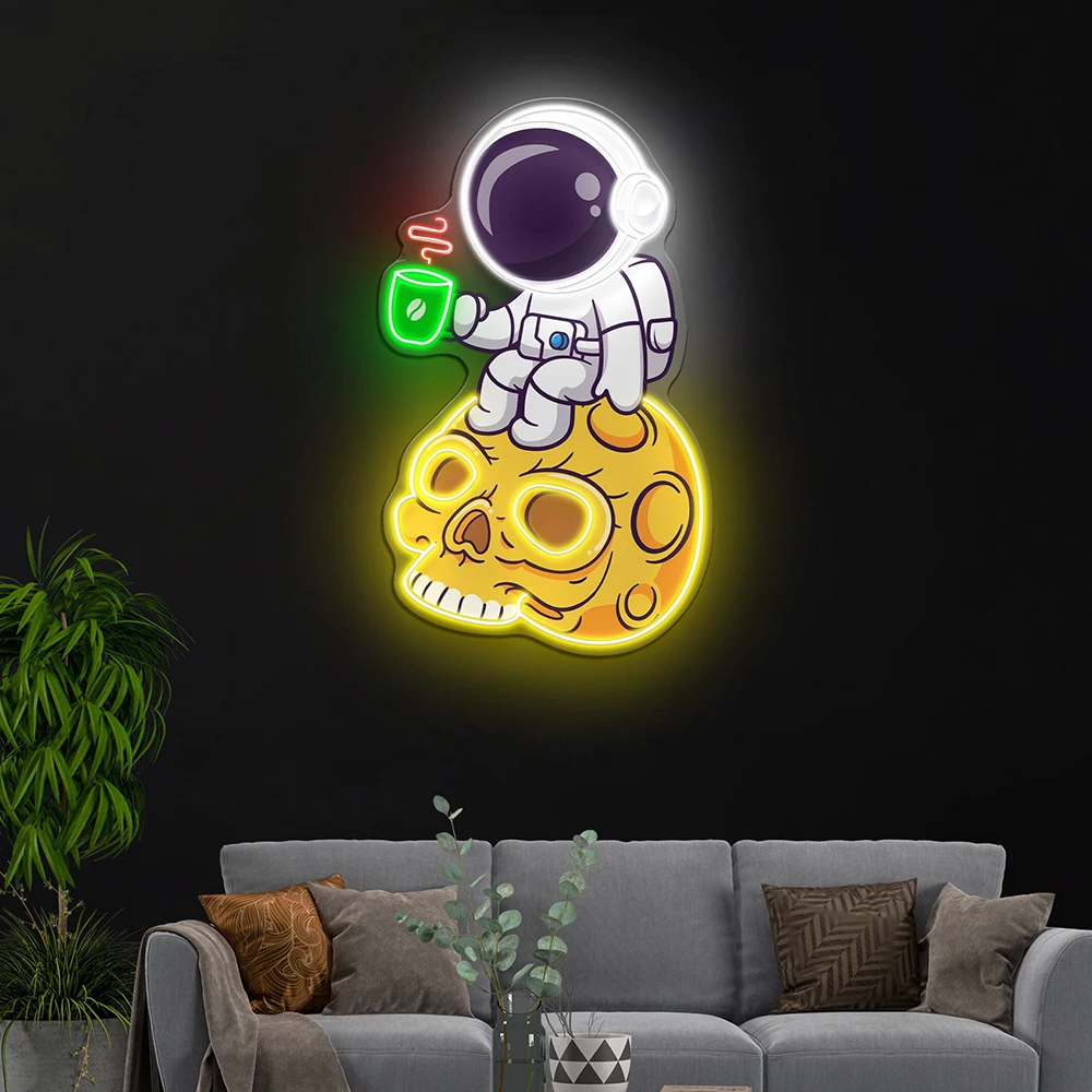 Astronauta bonito bebendo café na lua do crânio Sinais de néon, Cartoon Custom Neon Sign para Bar, Clube, Home Wall Decor, Luz LED