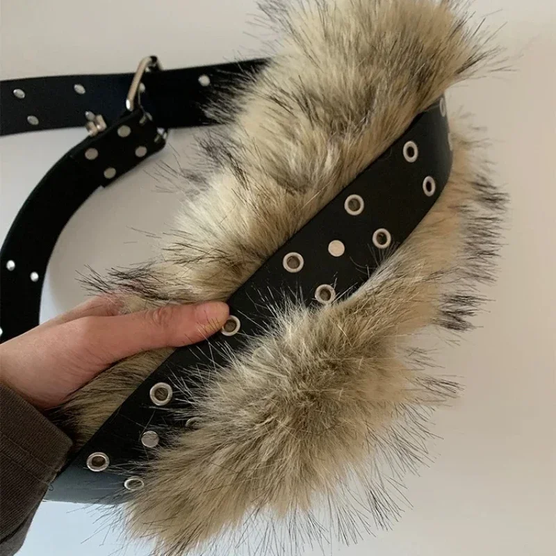Punk PU Studded Fur Belt Y2k Vintage Faux Fur Rhinestone Patchwork Belt Metal Plush Waist Chain Furry Waistband Jeans Belts