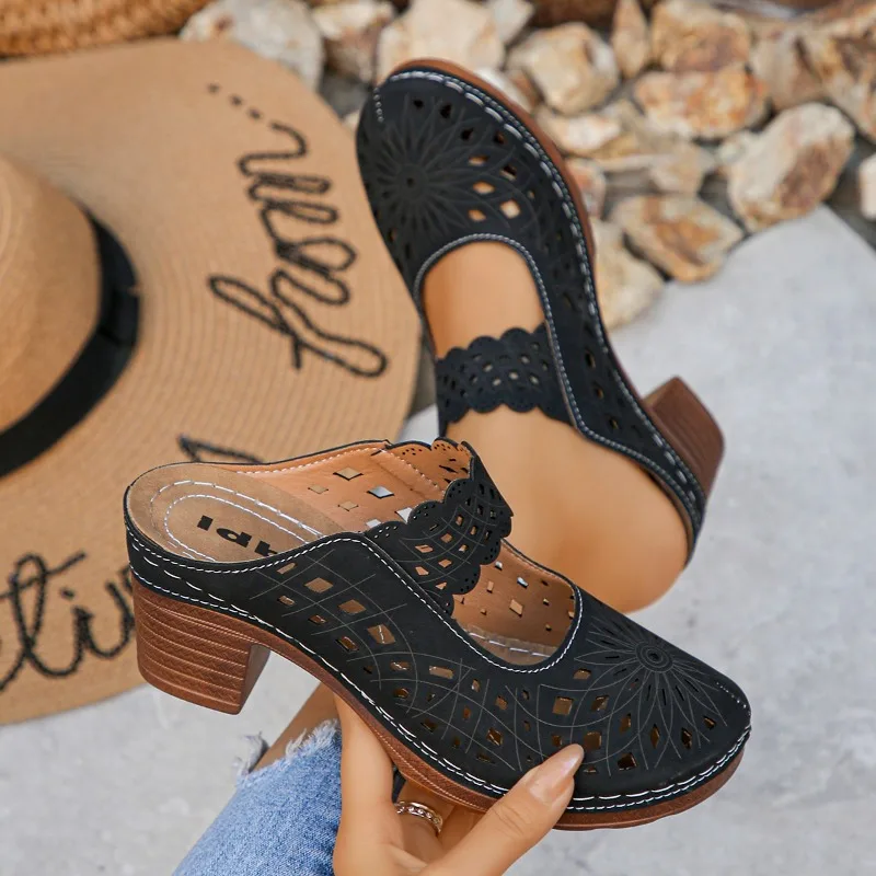 

Summer Block Heel Baotou Semi-drag Sandals Women's Breathable Lightweight Cutout Outside Wear Slippers