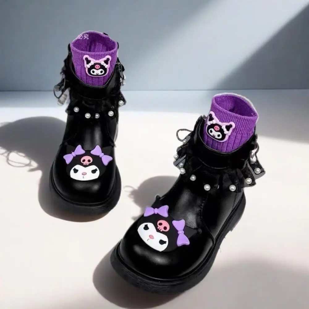 Kuromi Girls Short Boots Sanrio Kawaii Anime Cartoon Kids Soft Bottom Leather Shoes Autumn Winter Princess Party Childrens Shoes