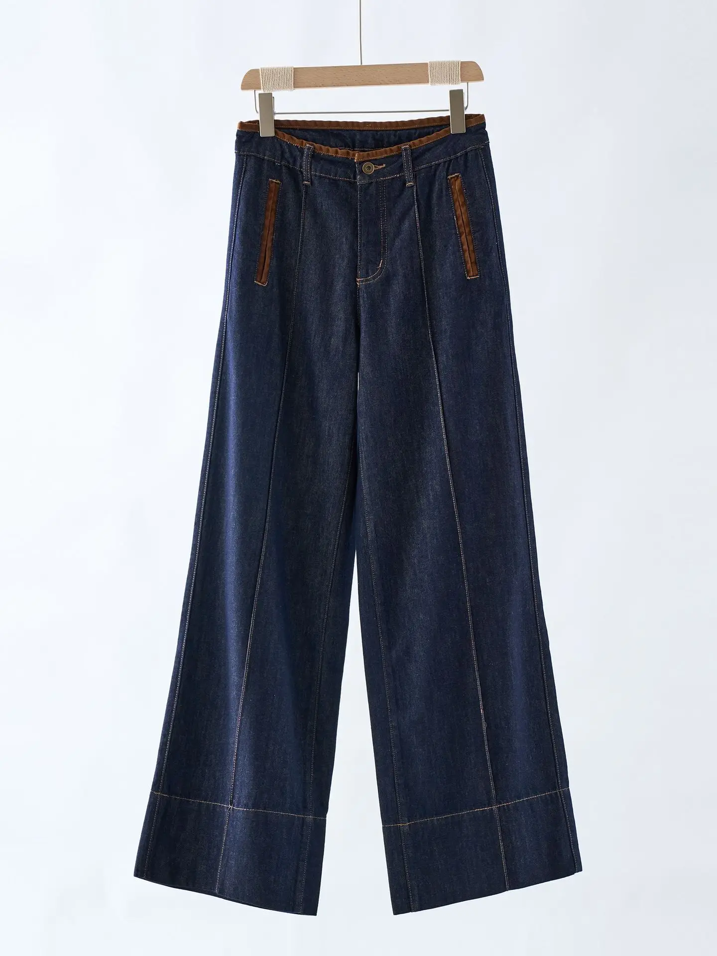 

Fashion Women High Waist Jeans Contrast Color Trim Ladies Wide Leg Denim Pants for Early Autumn