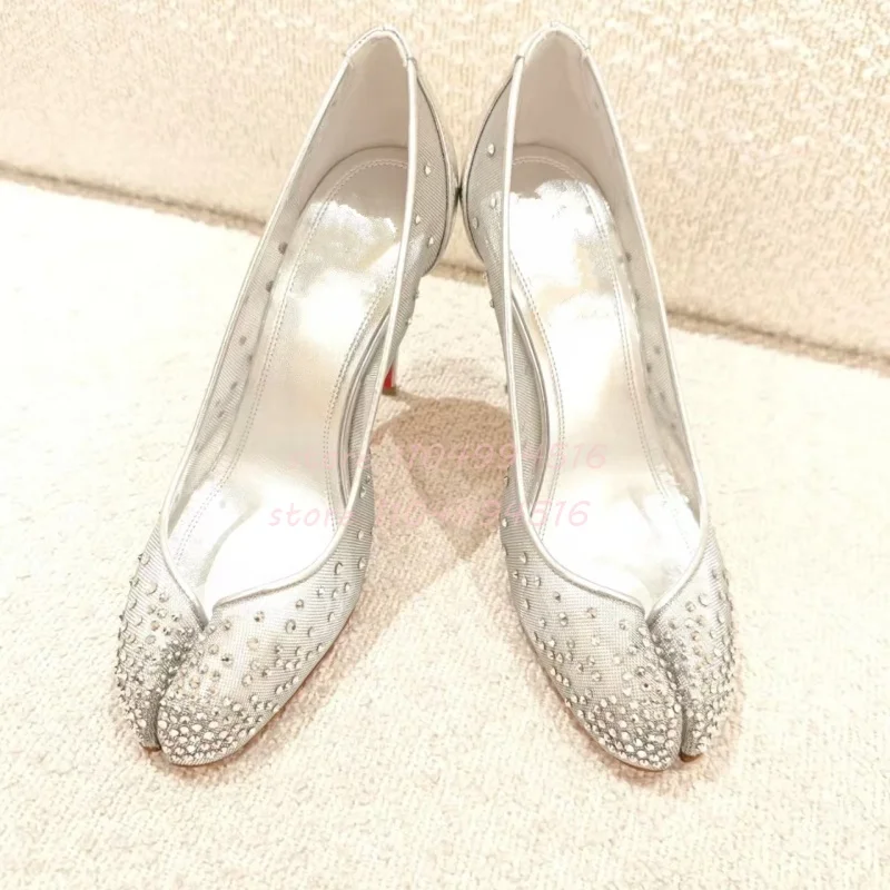 Split Toe Mesh Rhinestone Stiletto Pumps Women Diamond Studded Shallow Solid Thin Heels Lady Elegant Party Wedding Single Shoes