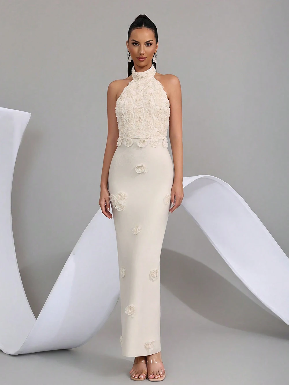 

Новое Элегантное Длинное Платье для Вечеринок с 3D Цветочным Принтом, Открытой Спиной, Вырезом Халтер и Эффектом Подтяжки Ягодиц