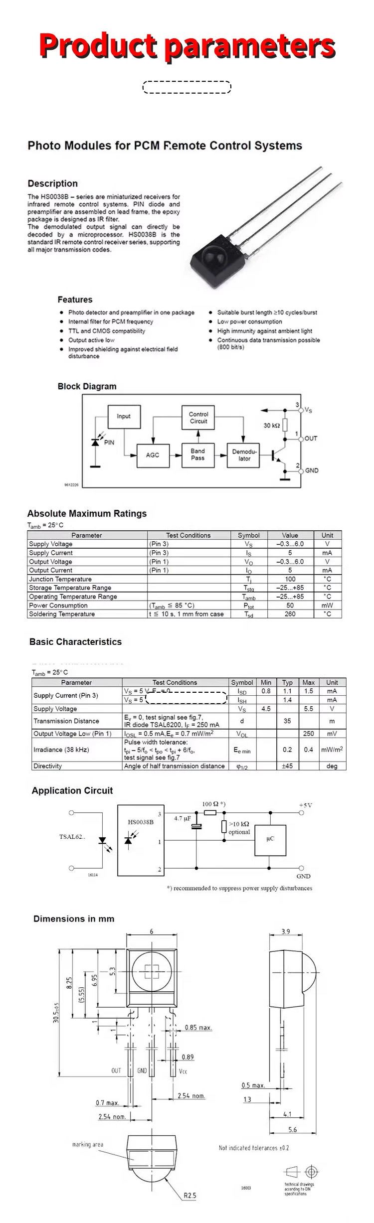 Hochwertiger 5-Stück-Set IR-Empfänger 38 kHz Fernbedienungs-Infrarotmodul TSOP4838 DIP-3/LNF0038K – Detail 2