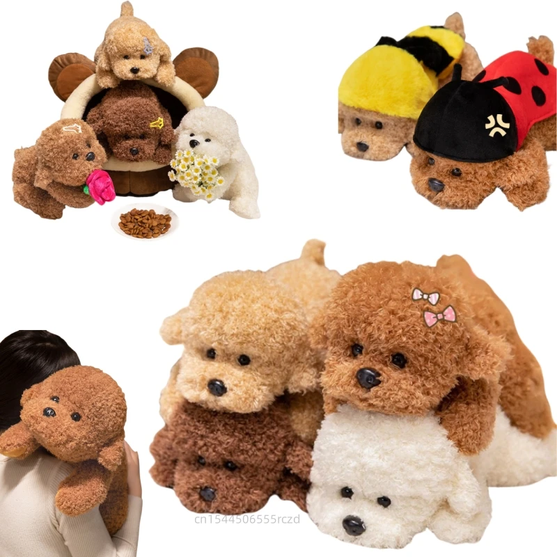 33-48cm Cute Lying Teddy Dog Plush Doll Wearing Bee Ladybug Cape Teddy Dog Plush Toy Warm Hug Home Decor Gift For Boys And Girls