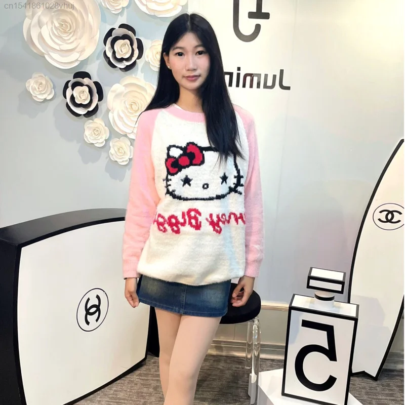 Sanrio Hello Kitty Kawaii Anime Sweater Lolita 2000s Girls Winter Cute Cartoon Korean Style Knitted Top Youthful Woman Clothes