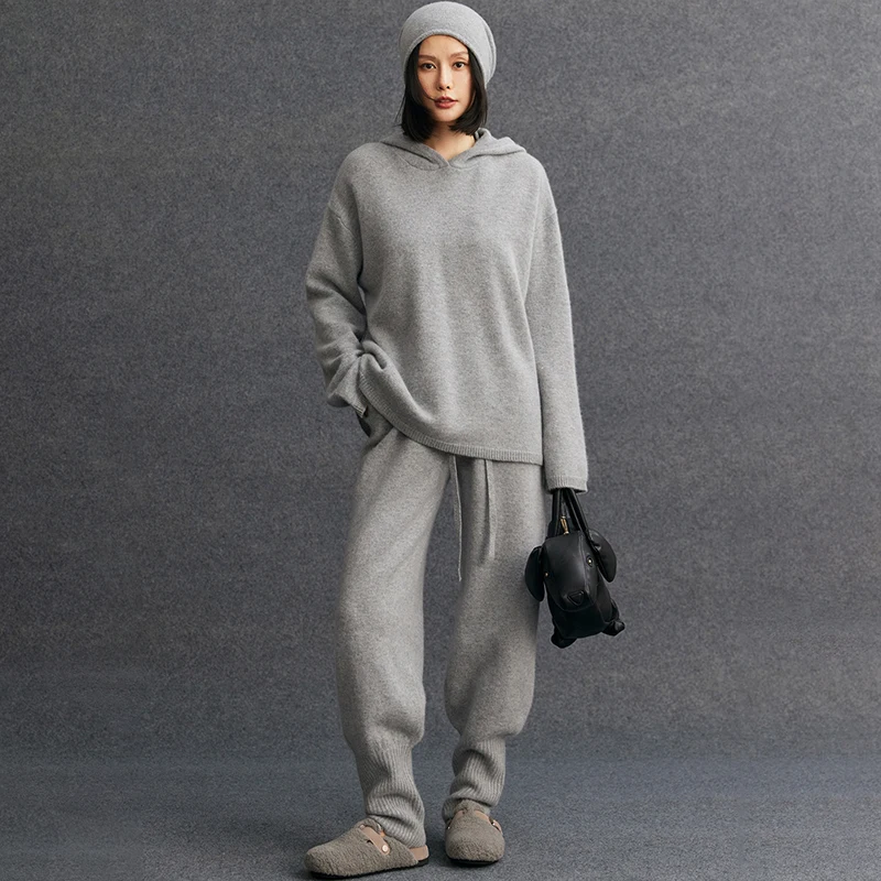 Pullover con cappuccio Pantaloni con risvolto Set completo da donna 100% cashmere Set moda casual Maglione Autunno Inverno Set morbido e confortevole in maglia