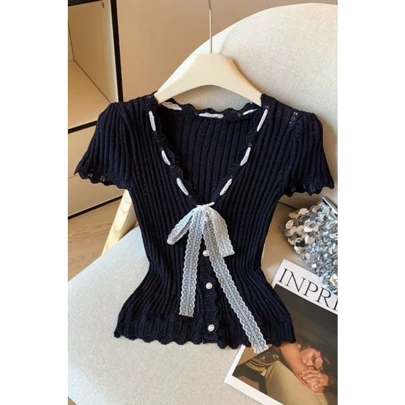 

Pure Lust Style V-neck Lace Lace Short-sleeved Sweater for Women Summer New Sweet Hottie Slim Waist Top