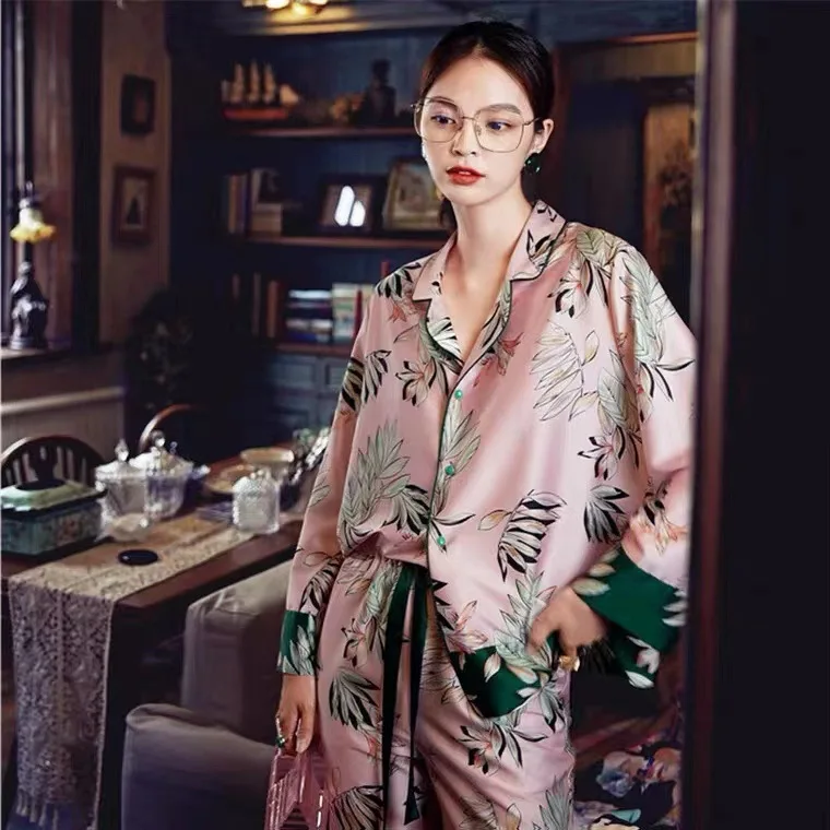 2024 New Satin Pajamas For Women Fashion Ice Silk Printed Two Piece Suit Home Clothes Couples Unique Sleep Wear Tide Pajama Set