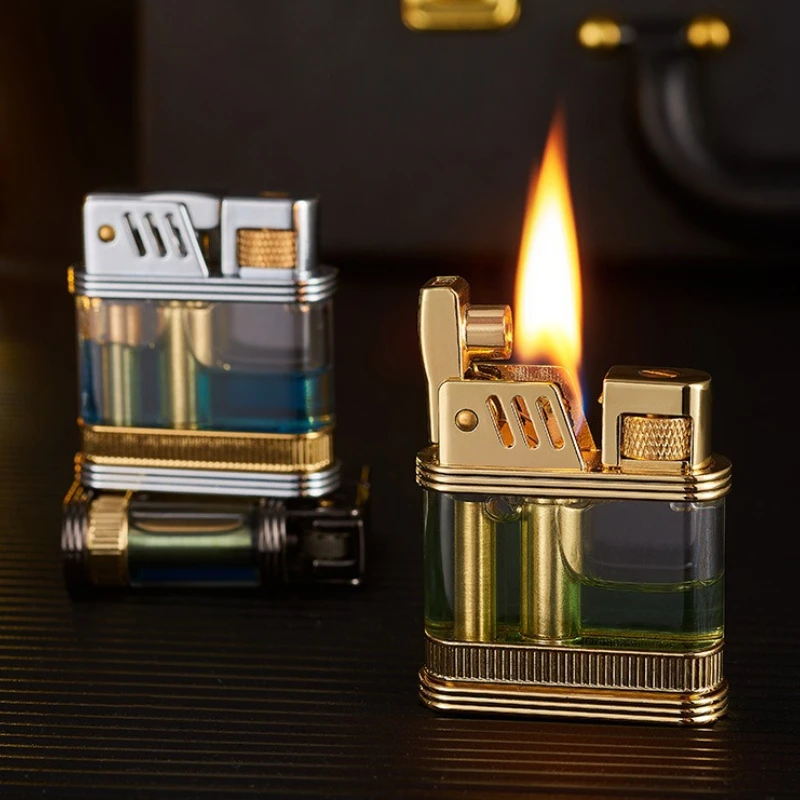 

Retro Oil Lighter with Transparent Oil Warehouse Metal Cigarette Flint Grinding Wheel Windproof Lighters Smoking Accessories
