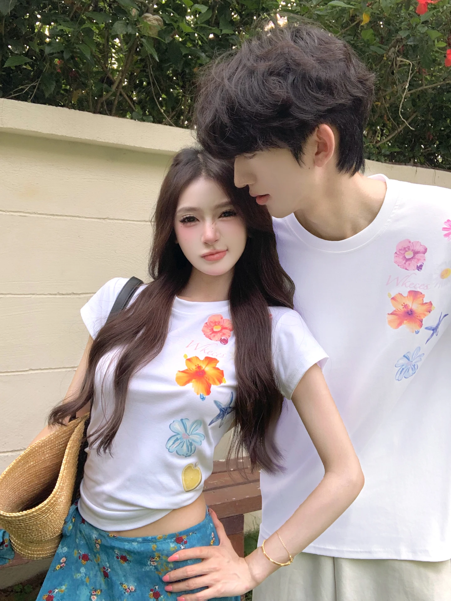 Couple's Summer 2026 New Floral Short Sleeve T-Shirt And Half Skirt Set Breathable Standard Fit French Style round Neck Pullover