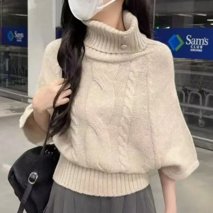 

Шикарный осенне-зимний женский вязаный свитер с высоким воротником «летучая мышь» Све витой шерстяной топ, теплый модный комбинезон для поездок на работу