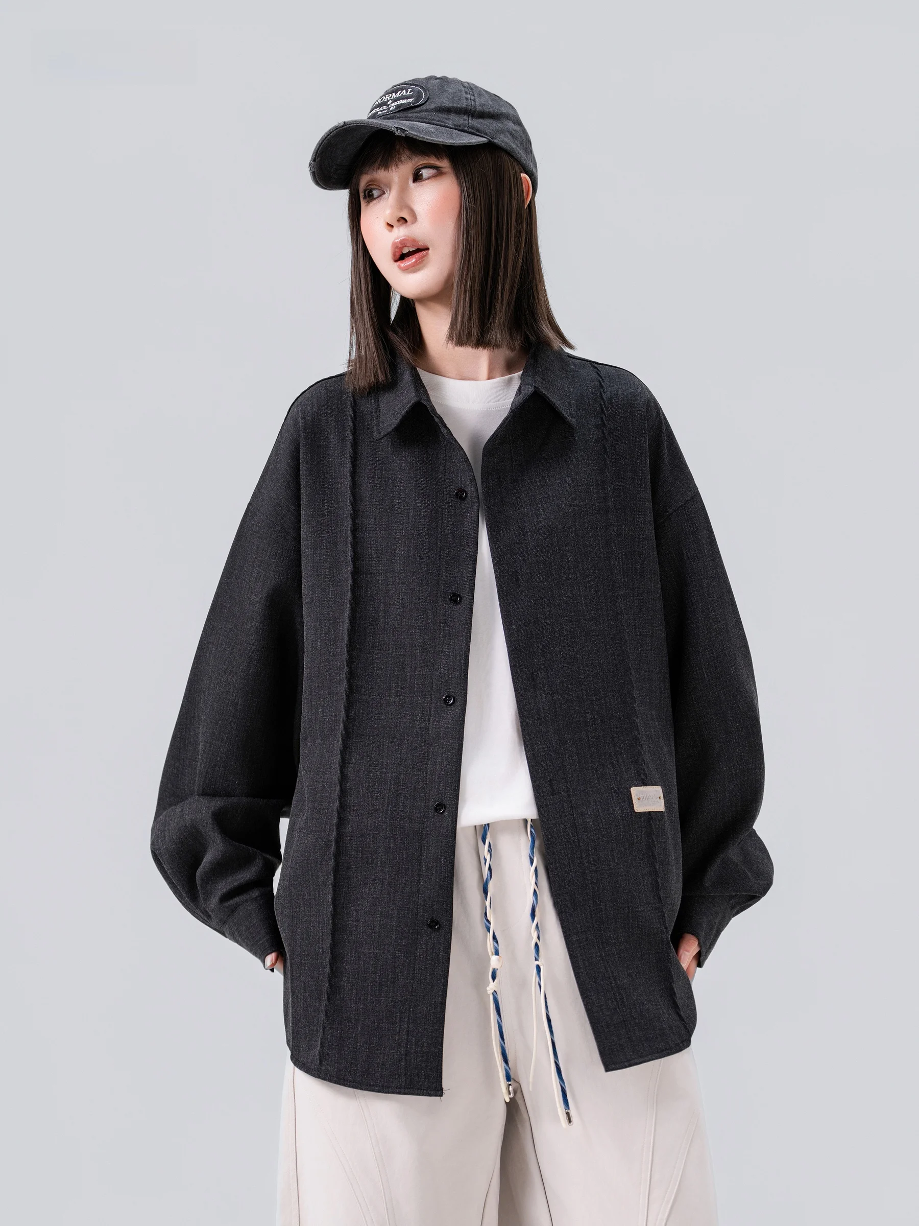 AOGZ Deconstructed Loose Casual Shirt Jacket for Men And Women Autumn Trendy Brand Flip Collar Long Sleeve Polyester Fiber