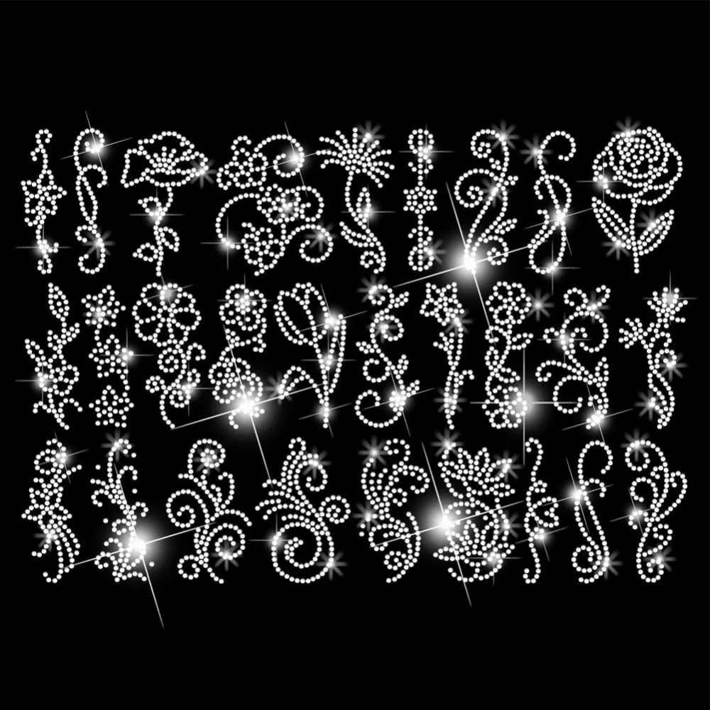 28PCS Flowers and Patterns Heat Transfer Rhinestones Bling Swirl Vines Iron On Transfers Decals DIY Hotfix Transfer Stickers