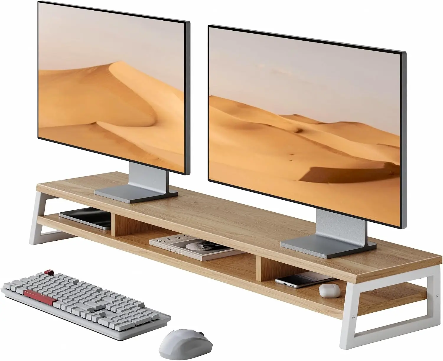 

42.5in Dual Monitor Stand for Desk, 2 Tier Computer Riser, Large Desktop Organizer for Laptop PC Printer, Heavy Duty Steel Frame, 5.4in Height