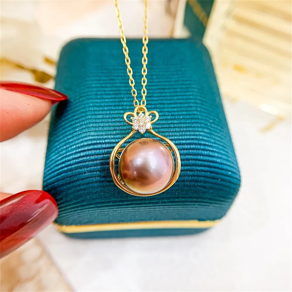 DIY Pearl Accessories S925 Sterling Silver Pendant Empty Tray K Gold Jade Necklace Pendant Fit 11-13mm Round Flat Beads D349