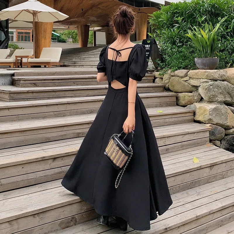 Women's Square Collar Pullover Dress 2024 Summer New Party Evening Dresses Female Slim Retro High Waist Bubble Sleeve Long Dress